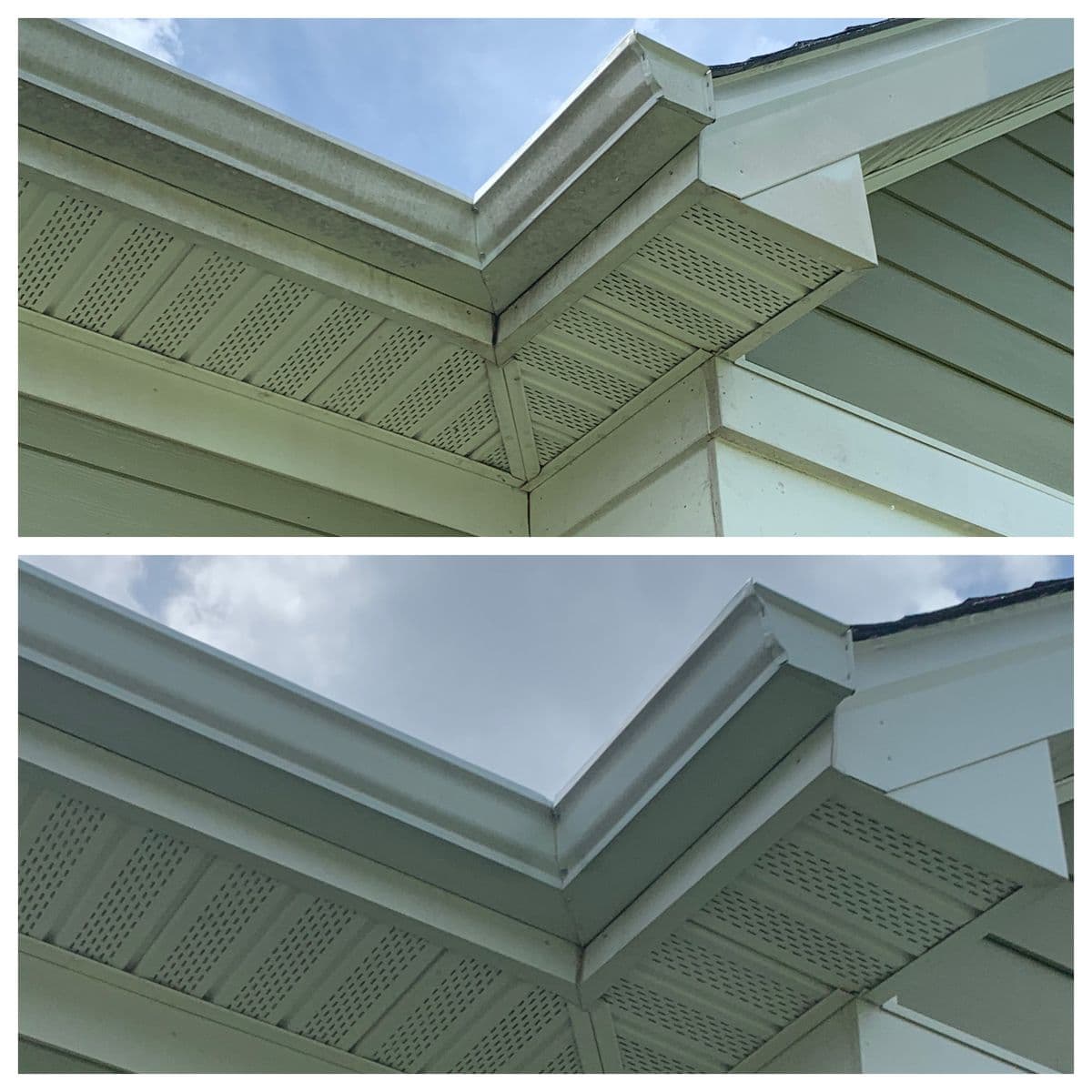 Before and after gutter cleaning showing tiger stripe removal β Luffman's Pressure Washing